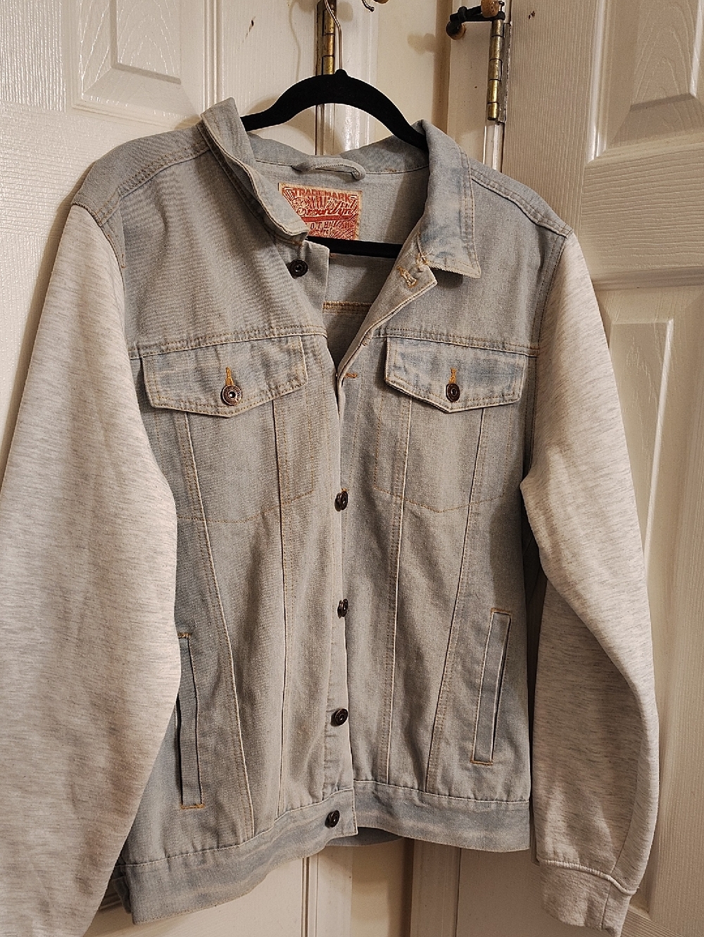 Light Wash Denim Jacket with Heather Gray Knit Sleeves - Women